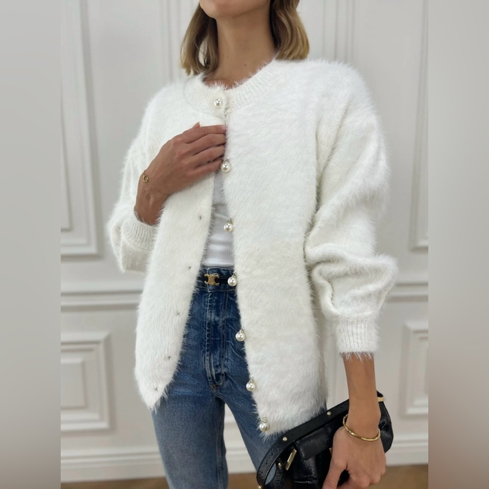 Vita Grace Cream Fuzzy Sweater Cardigan with Pearl and Rhinestone Buttons.